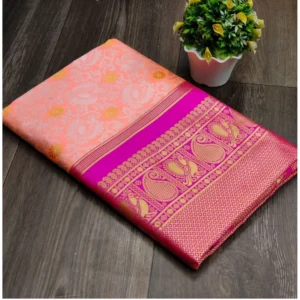 Generic Women's Soft Lichi Silk Printed Saree With Unstitched Blouse 5.5Mtr (Pink)