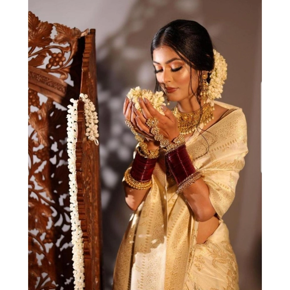 Generic Women's Soft Lichi Silk Printed Saree With Unstitched Blouse 5.5Mtr (Golden) - Image 3