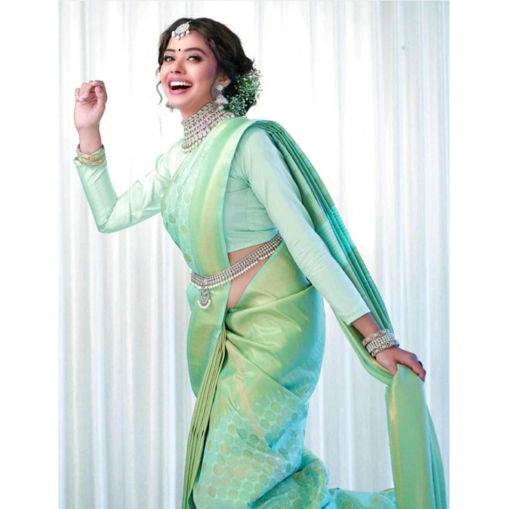 Generic Women's Soft Lichi Silk Printed Saree With Unstitched Blouse 5.5Mtr (Light Green) - Image 2