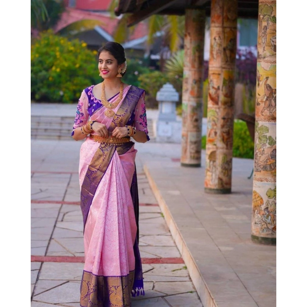 Generic Women's Soft Lichi Silk Printed Saree With Unstitched Blouse 5.5Mtr (Purple) - Image 3