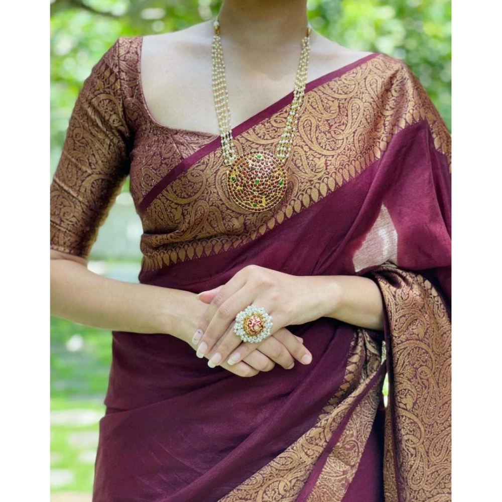Generic Women's Soft Lichi Silk Solid Saree With Unstitched Blouse 5.5Mtr (Maroon) - Image 3