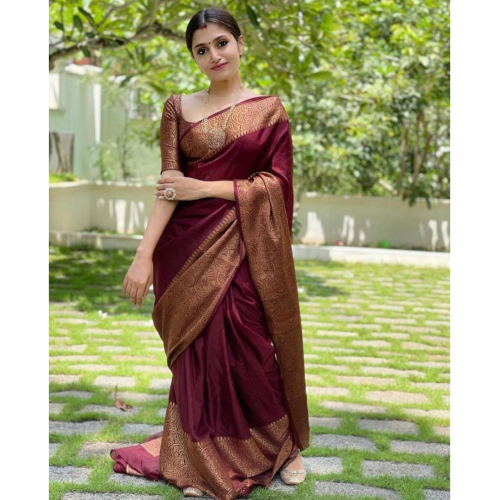 Generic Women's Soft Lichi Silk Solid Saree With Unstitched Blouse 5.5Mtr (Maroon) - Image 2