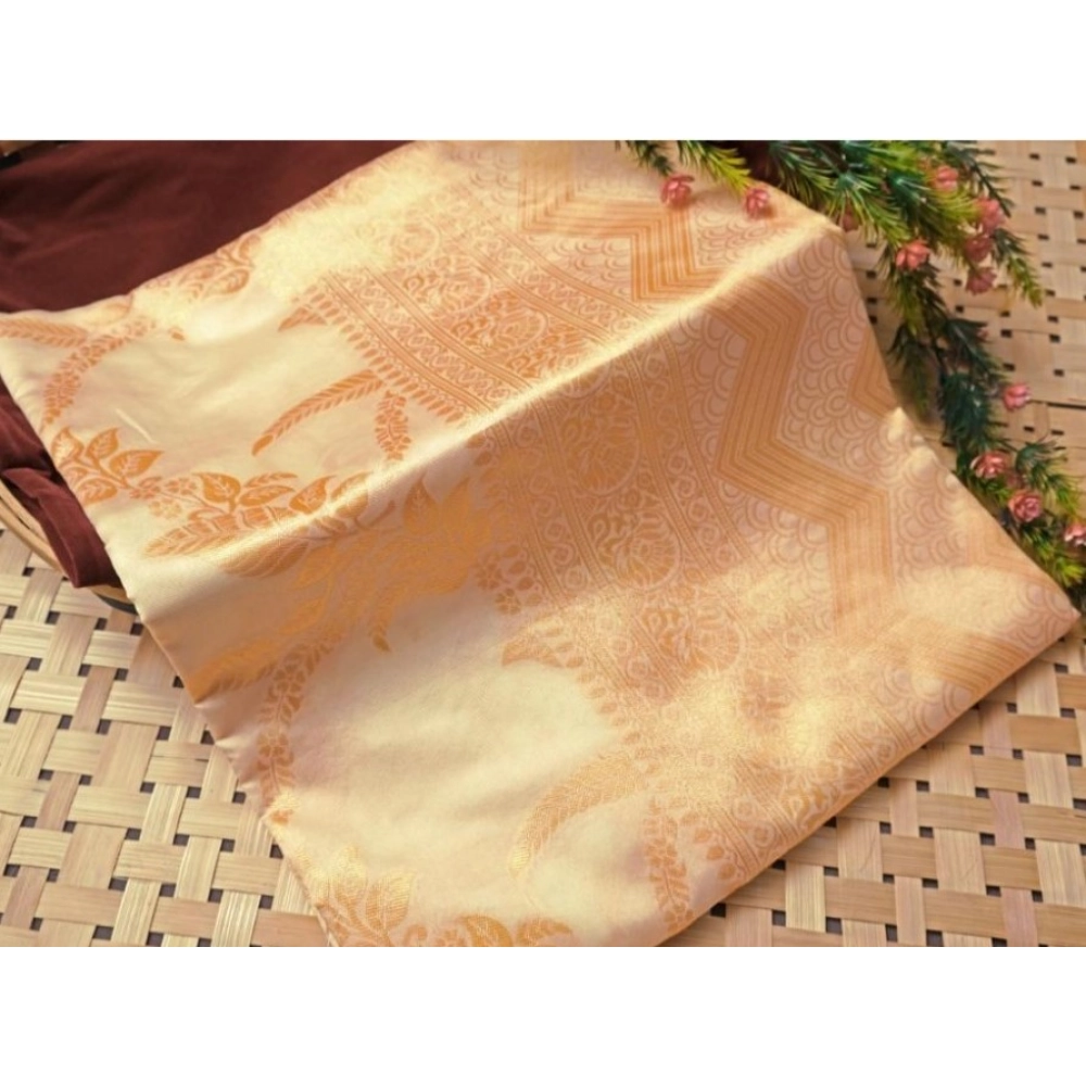 Generic Women's Soft Lichi Silk Printed Saree With Unstitched Blouse 5.5Mtr (Golden)