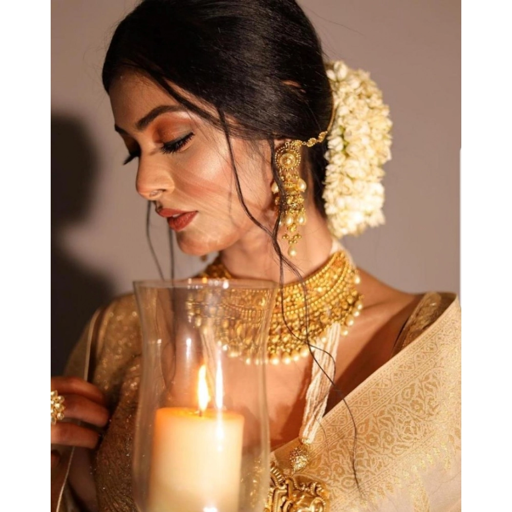 Generic Women's Soft Lichi Silk Printed Saree With Unstitched Blouse 5.5Mtr (Golden) - Image 4