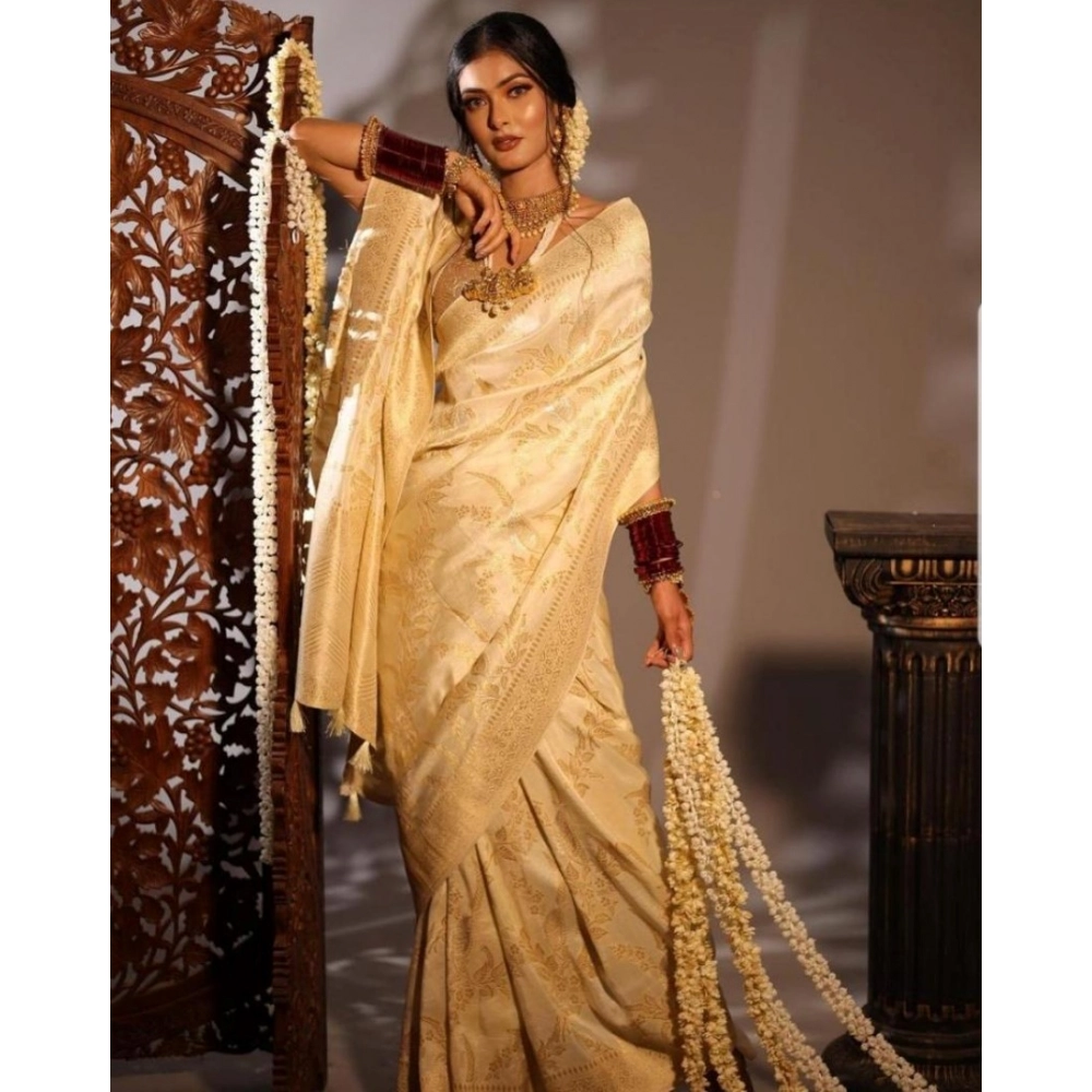 Generic Women's Soft Lichi Silk Printed Saree With Unstitched Blouse 5.5Mtr (Golden) - Image 2