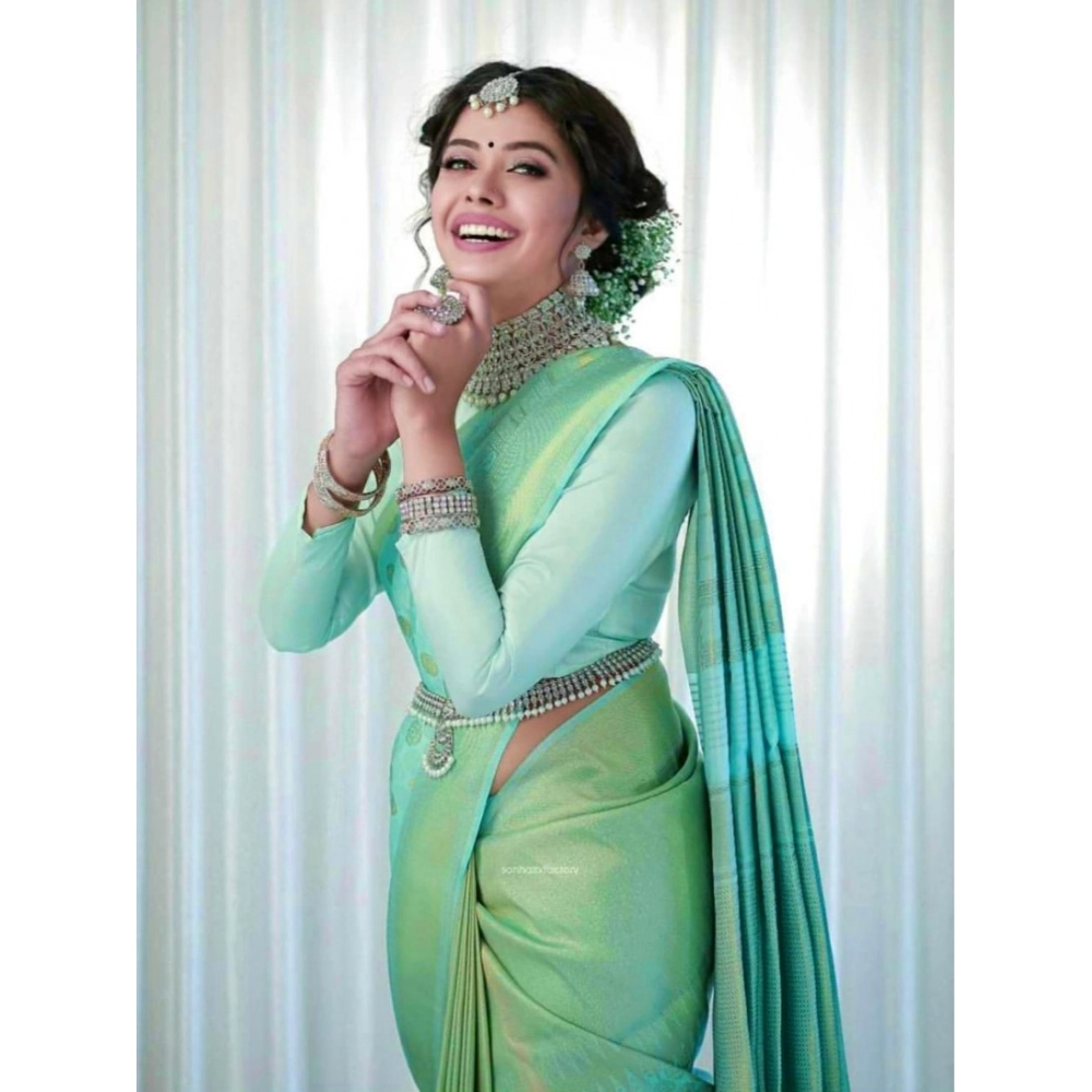 Generic Women's Soft Lichi Silk Printed Saree With Unstitched Blouse 5.5Mtr (Light Green) - Image 4