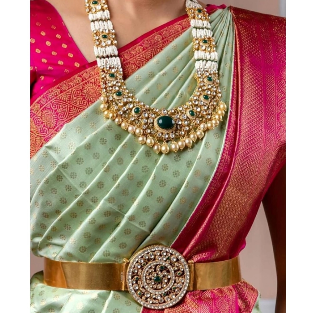 Generic Women's Soft Lichi Silk Printed Saree With Unstitched Blouse 5.5Mtr (Light Green) - Image 2