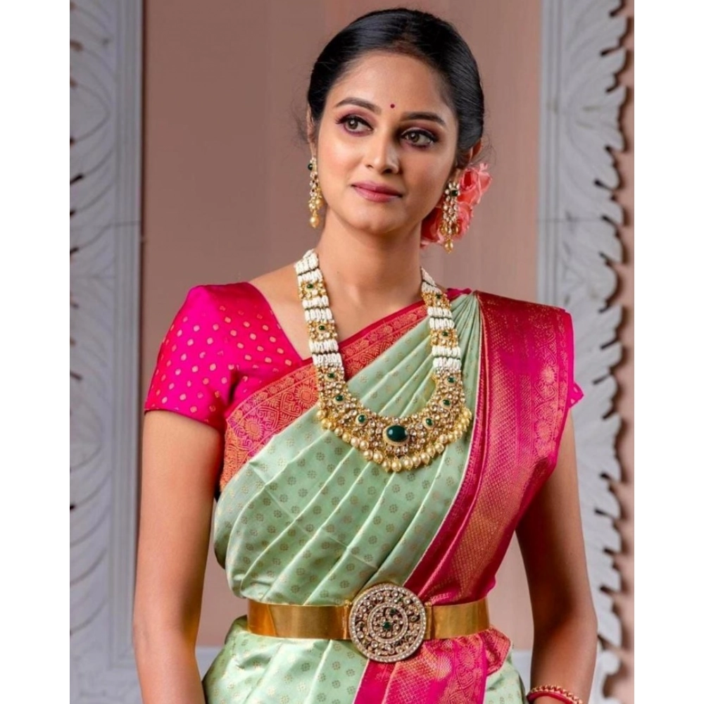 Generic Women's Soft Lichi Silk Printed Saree With Unstitched Blouse 5.5Mtr (Light Green) - Image 4