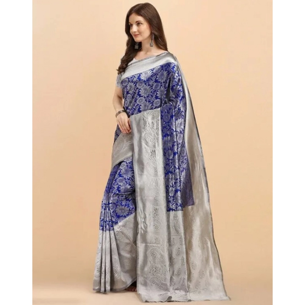 Generic Women's Soft Lichi Silk Printed Saree With Unstitched Blouse 5.5Mtr (Blue) - Image 3