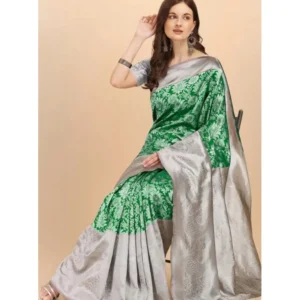 Generic Women's Soft Lichi Silk Printed Saree With Unstitched Blouse 5.5Mtr (Green)