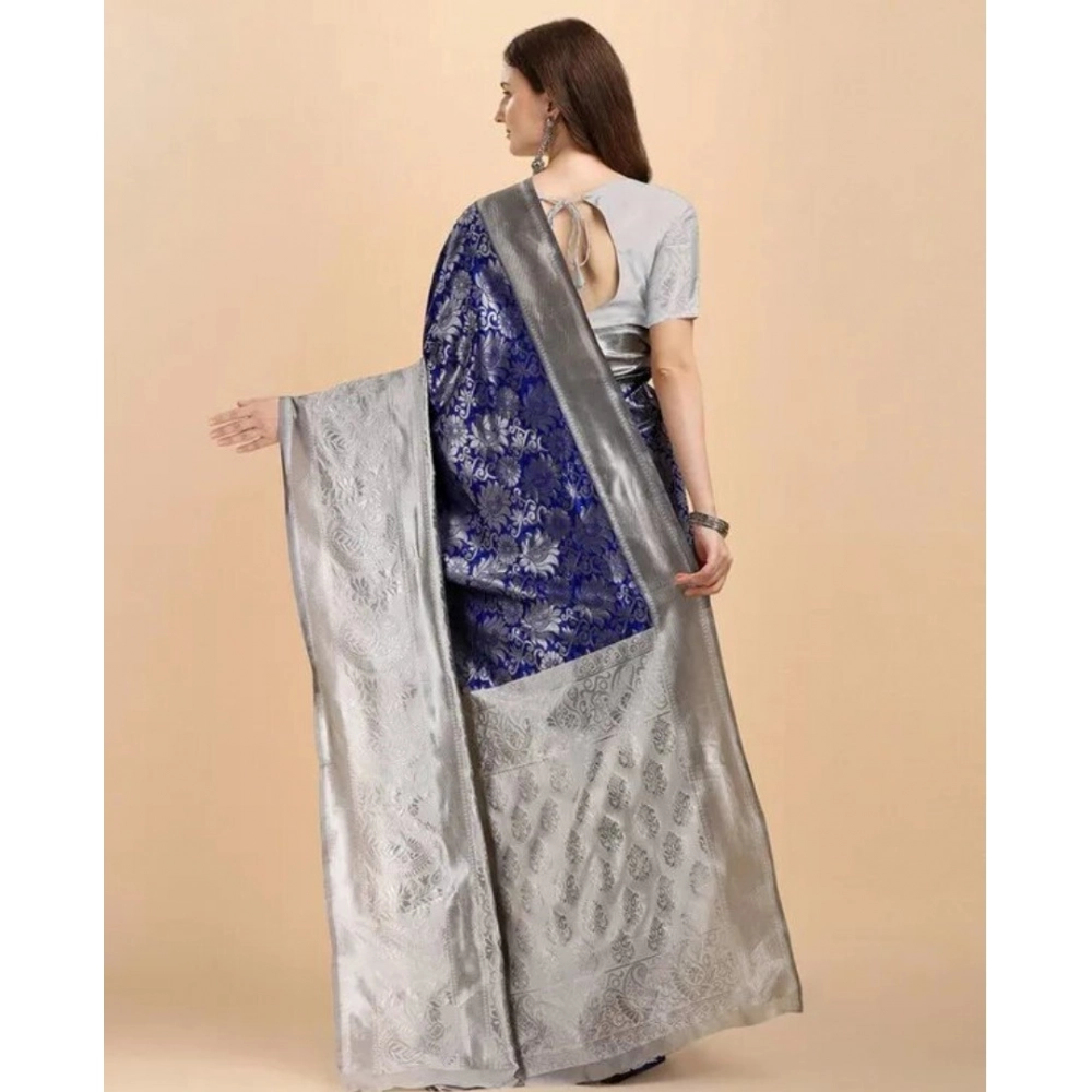 Generic Women's Soft Lichi Silk Printed Saree With Unstitched Blouse 5.5Mtr (Blue) - Image 2