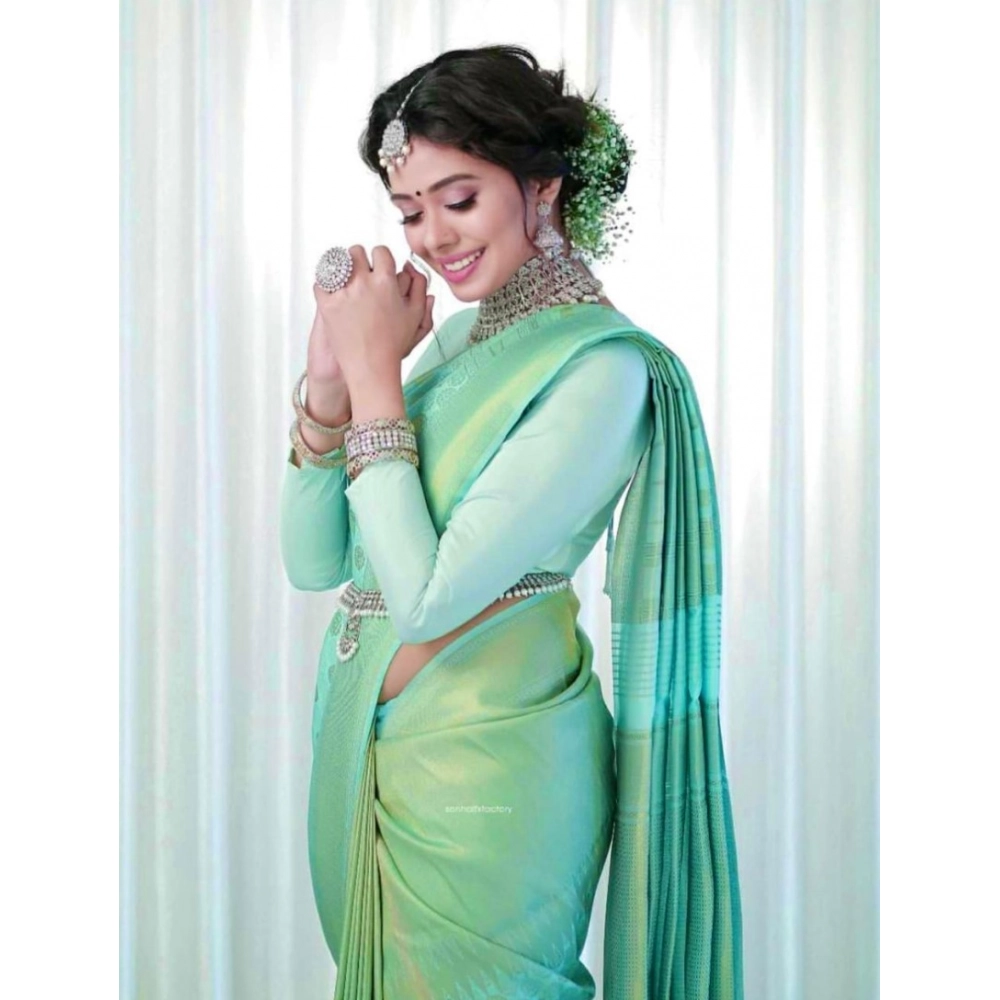 Generic Women's Soft Lichi Silk Printed Saree With Unstitched Blouse 5.5Mtr (Light Green) - Image 3