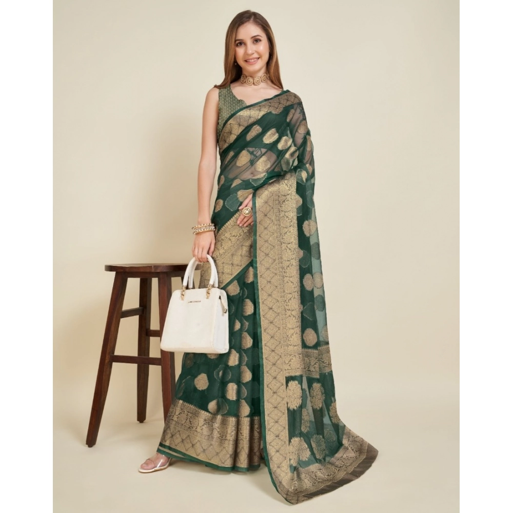 Generic Women's Soft Organza Silk Weaving Design Saree With Unstitched Blouse 5.5Mtr (Green) - Image 2
