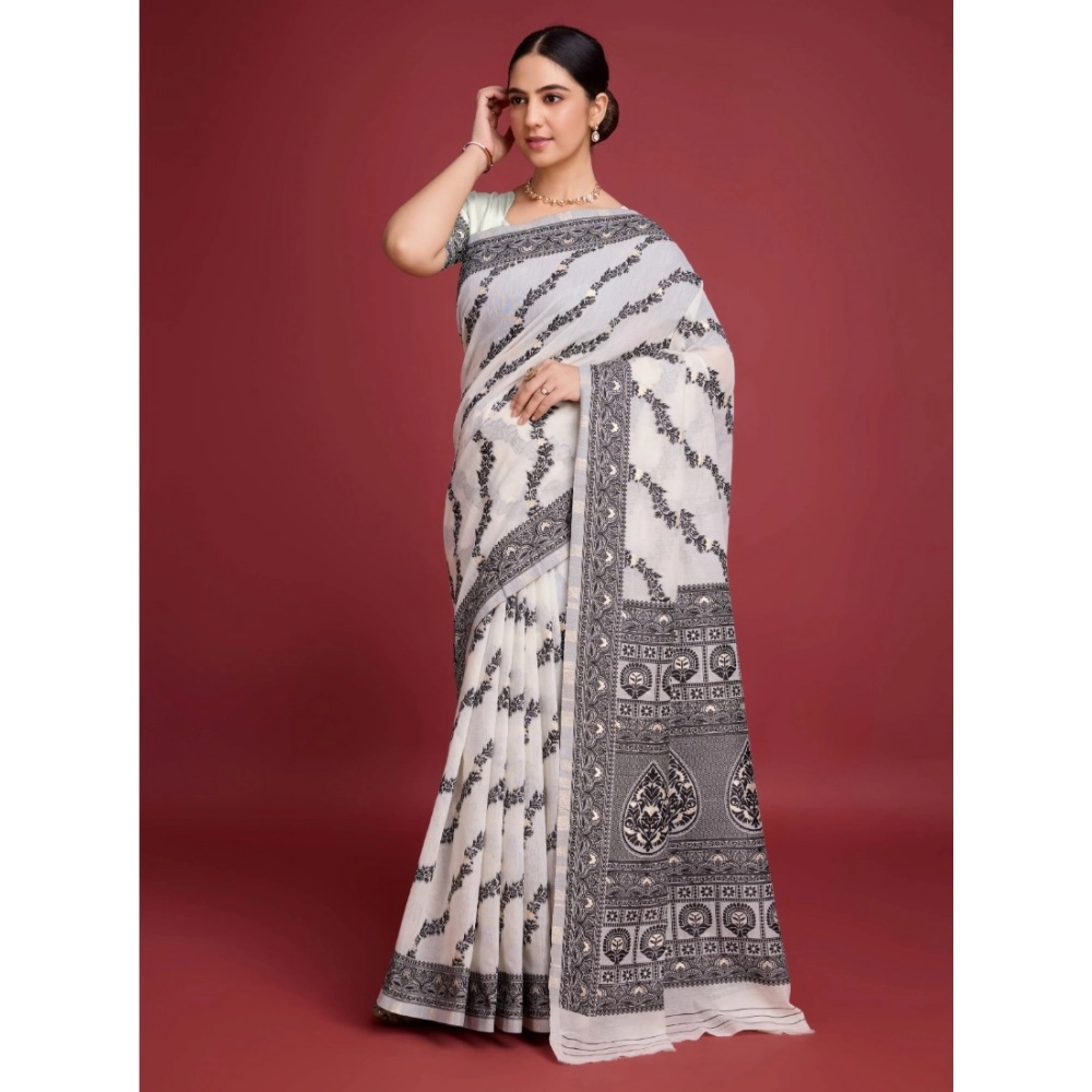 Generic Women's Jamdani Cotton Silk Printed Saree With Unstitched Blouse 5.5Mtr (Black) - Image 4