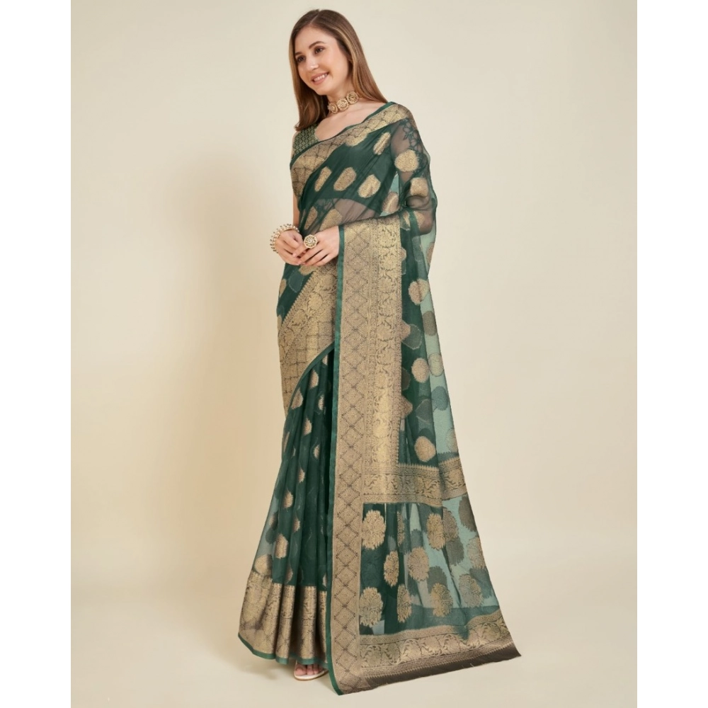 Generic Women's Soft Organza Silk Weaving Design Saree With Unstitched Blouse 5.5Mtr (Green) - Image 3