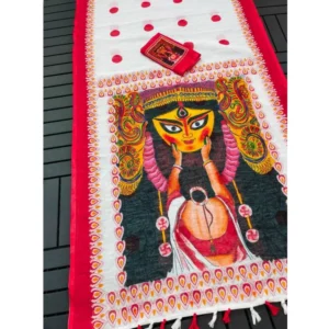 Generic Women's linen Digital Print Saree With Unstitched Blouse 5.5Mtr (White)