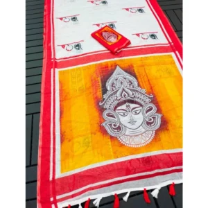 Generic Women's linen Digital Print Saree With Unstitched Blouse 5.5Mtr (White)