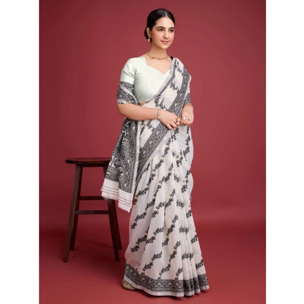 Generic Women's Jamdani Cotton Silk Printed Saree With Unstitched Blouse 5.5Mtr (Black) - Image 3