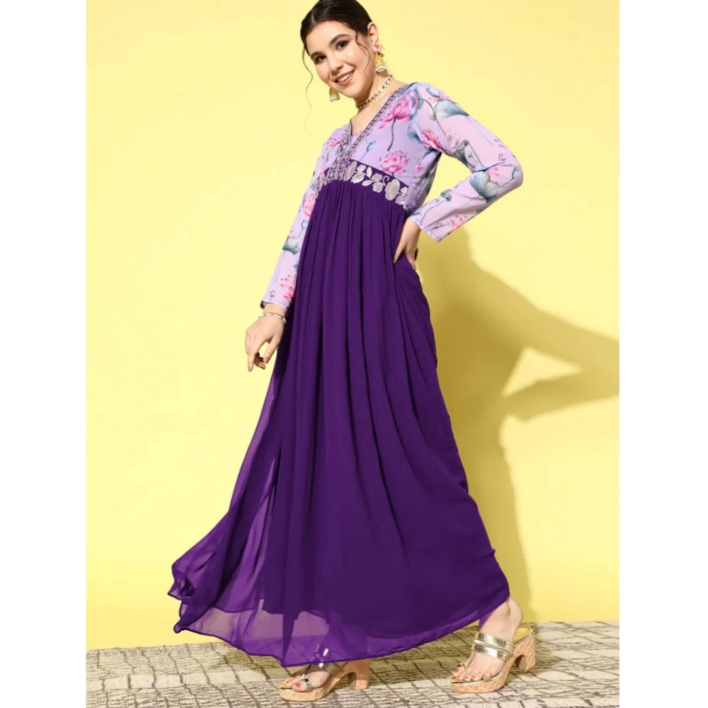 Generic Women's Georgette Embroidery 3-4th Sleeve V-Neck Kurti (Purple) - Image 3