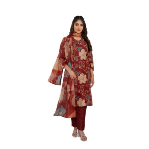 Generic Women's Cotton Blend Printed Kurti With Pant Dupatta Set (Rust)
