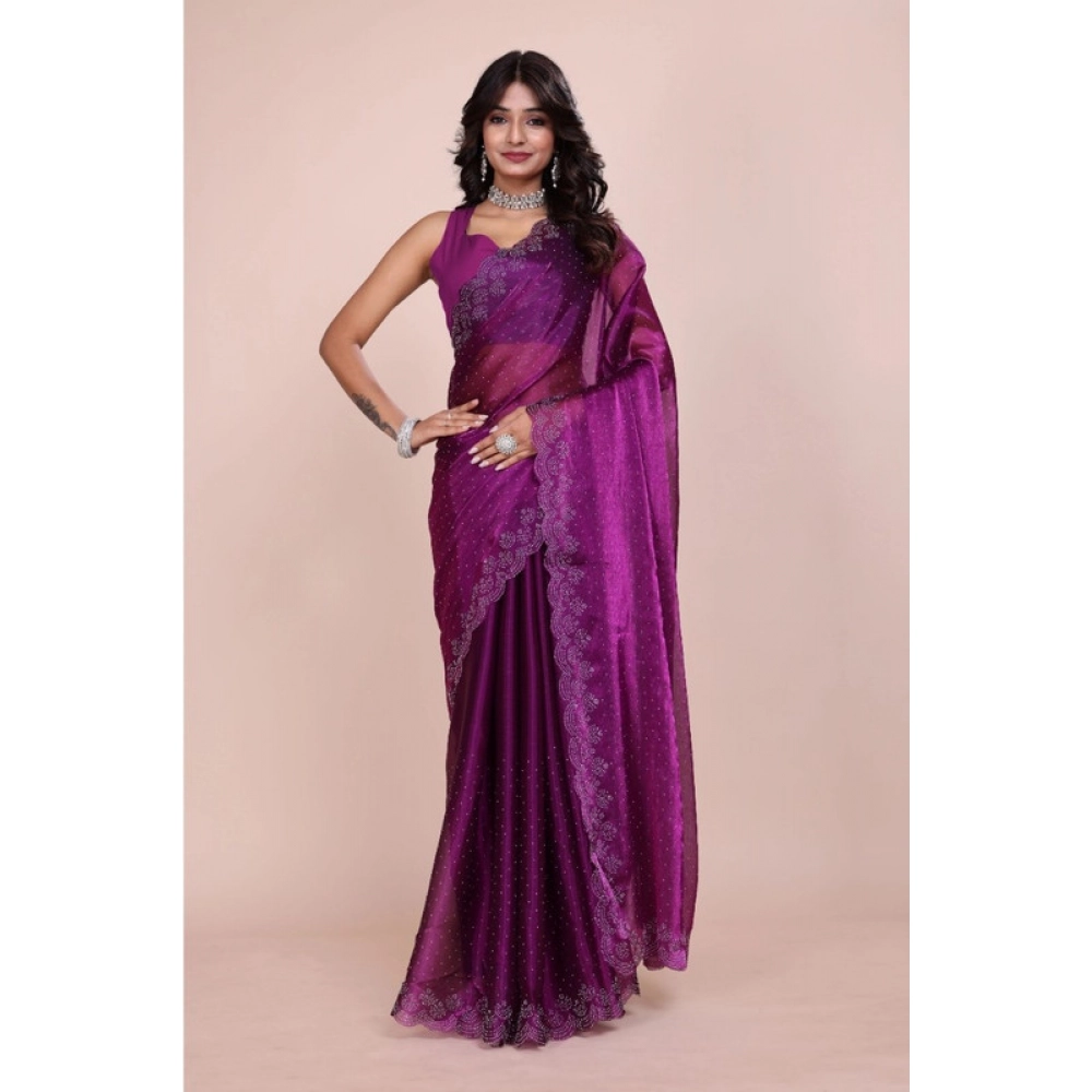 Generic Women's Tissue Pure Silk Embellished Bollywood Saree With Unstitched Blouse 5.5Mtr (Purple) - Image 2
