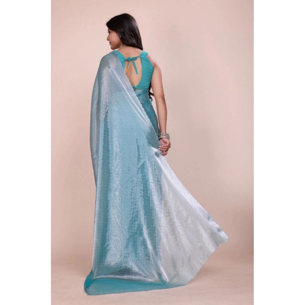 Generic Women's Jimmy choo Embellished Bollywood Saree With Unstitched Blouse 5.5Mtr (Light Blue) - Image 2
