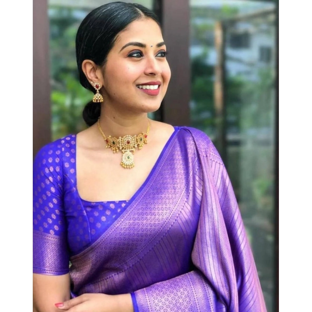 Generic Women's Litchi silk Printed Saree With Unstitched Blouse (Purple) - Image 3