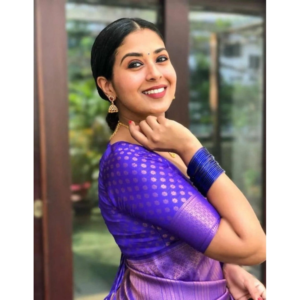 Generic Women's Litchi silk Printed Saree With Unstitched Blouse (Purple) - Image 2