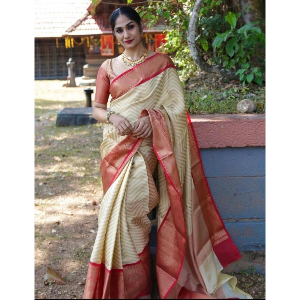 Generic Women's Litchi silk Printed Saree With Unstitched Blouse (Beige)