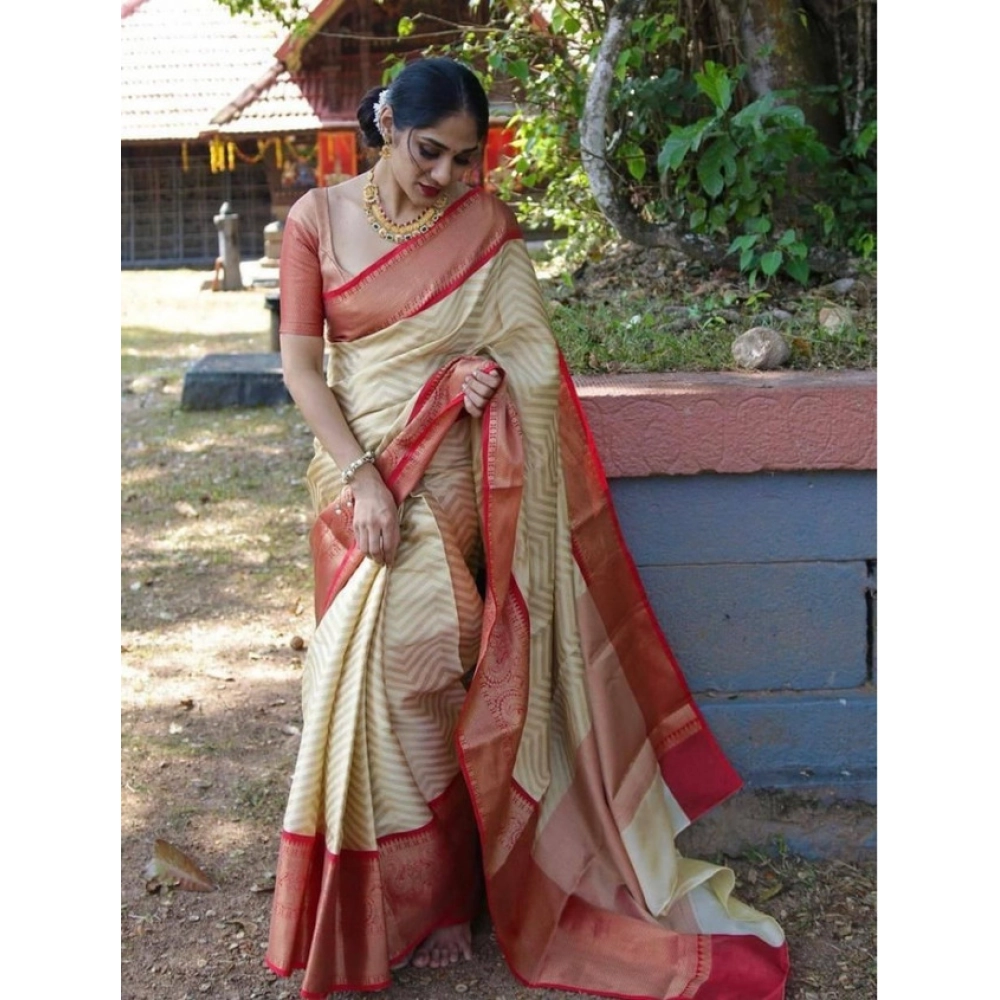 Generic Women's Litchi silk Printed Saree With Unstitched Blouse (Beige) - Image 2