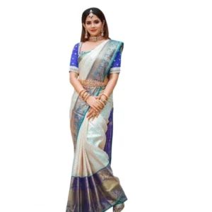 Generic Women's Litchi silk Printed Saree With Unstitched Blouse (Off White)