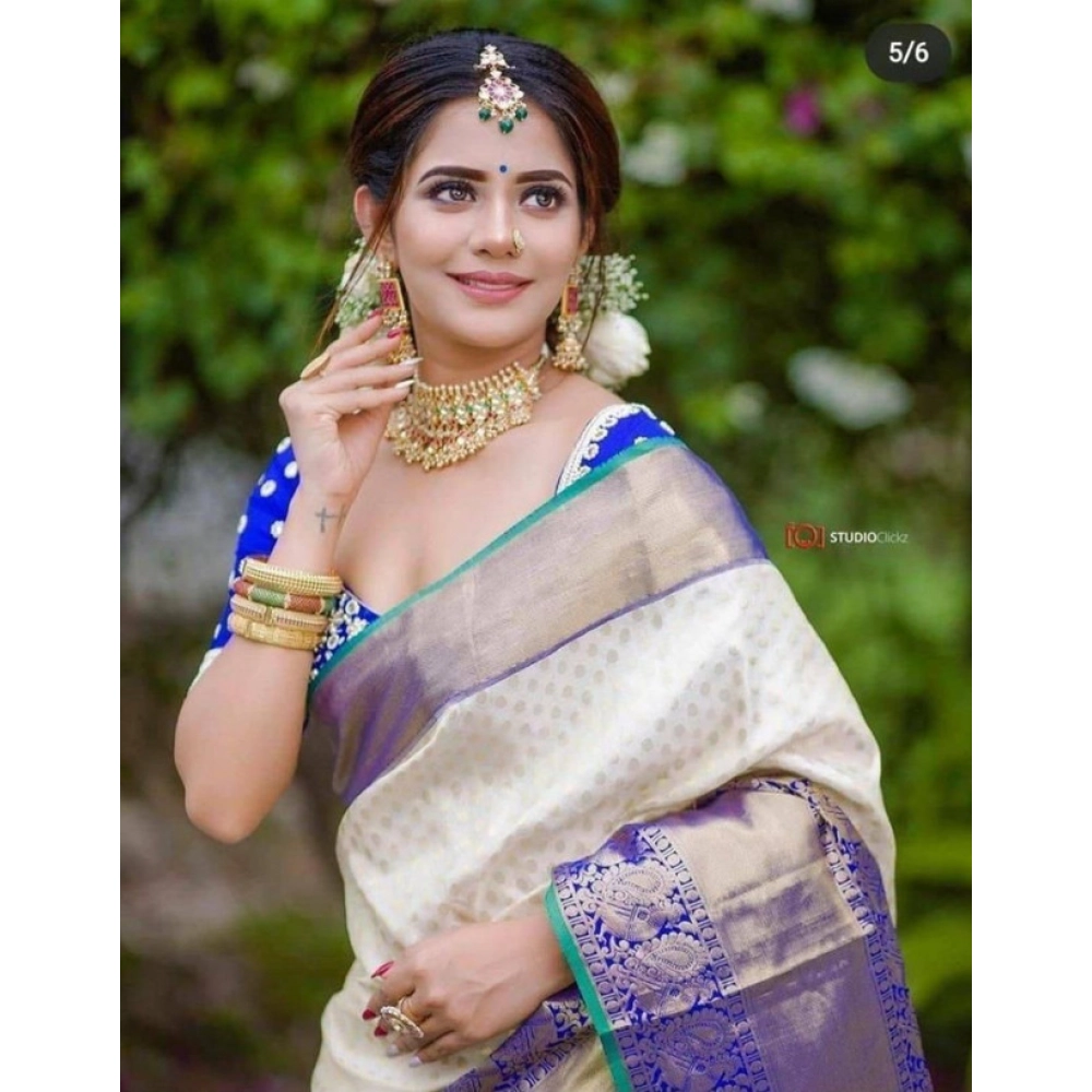 Generic Women's Litchi silk Printed Saree With Unstitched Blouse (Off White) - Image 3