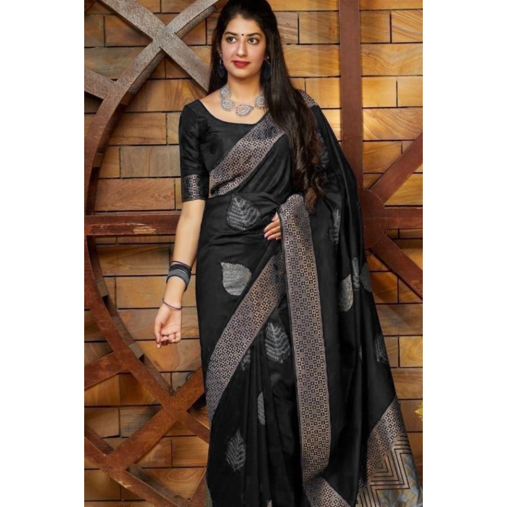 Generic Women's Litchi silk Printed Saree With Unstitched Blouse (Black)