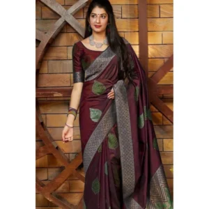 Generic Women's Litchi silk Printed Saree With Unstitched Blouse (Maroon)
