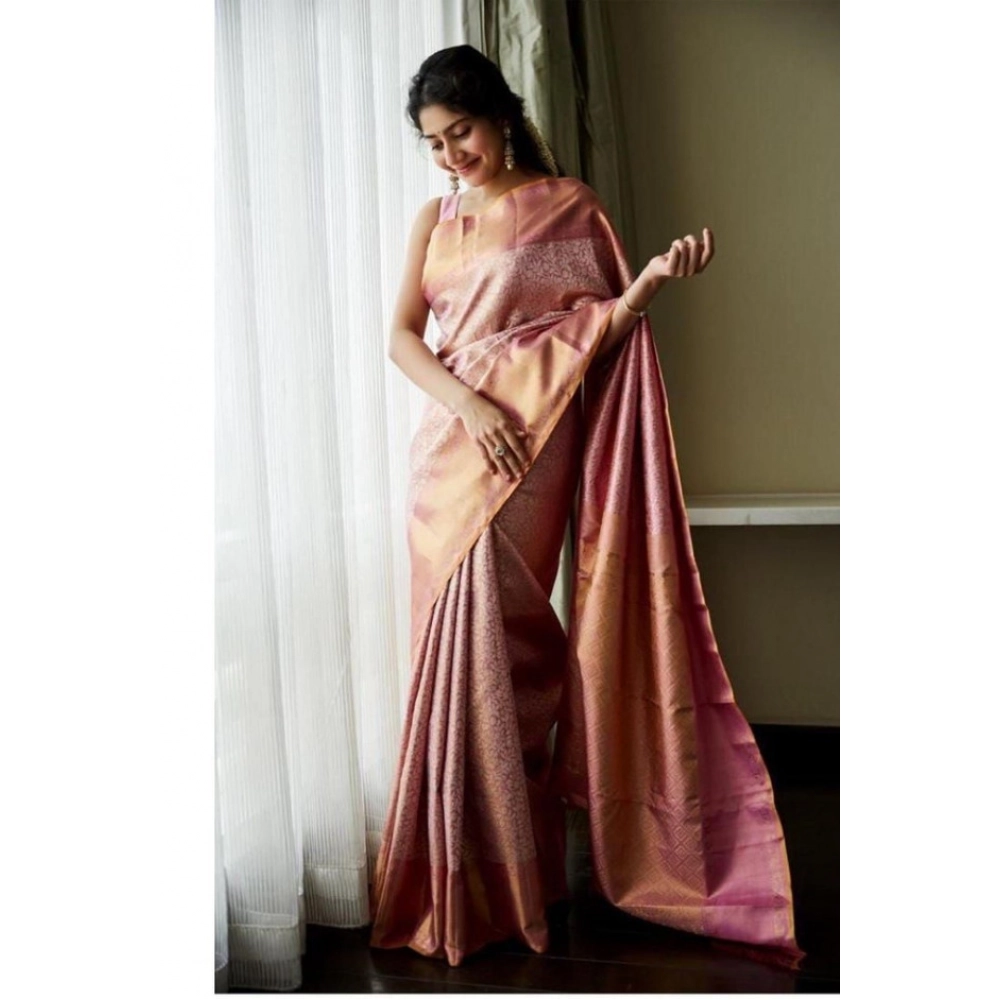 Generic Women's Litchi silk Printed Saree With Unstitched Blouse (Light Pink) - Image 2