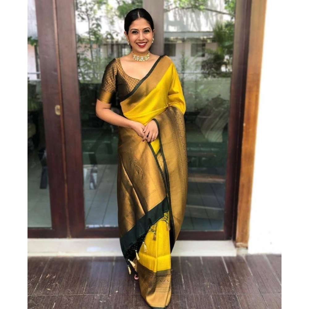 Generic Women's Litchi silk Printed Saree With Unstitched Blouse (Yellow)
