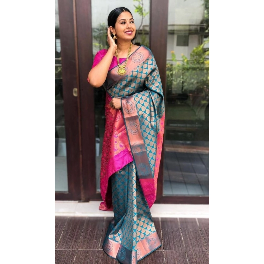 Generic Women's Litchi silk Printed Saree With Unstitched Blouse (Blue) - Image 3