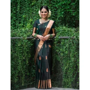 Generic Women's Litchi silk Printed Saree With Unstitched Blouse (Green)