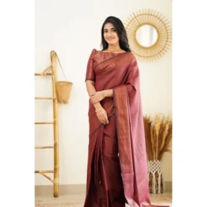 Generic Women's Litchi silk Printed Saree With Unstitched Blouse (Maroon)
