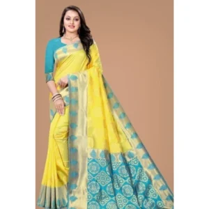 Generic Women's Litchi silk Printed Saree With Unstitched Blouse (Yellow)