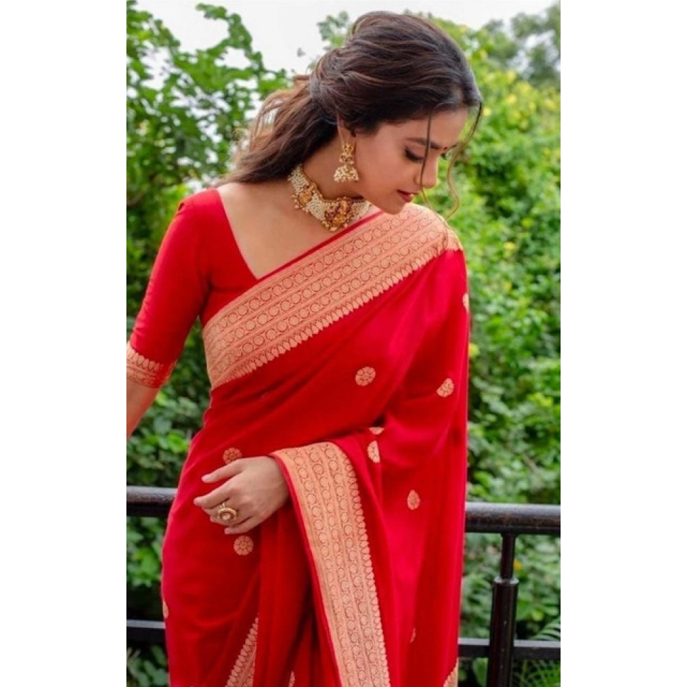 Generic Women's Litchi silk Printed Saree With Unstitched Blouse (Red) - Image 4