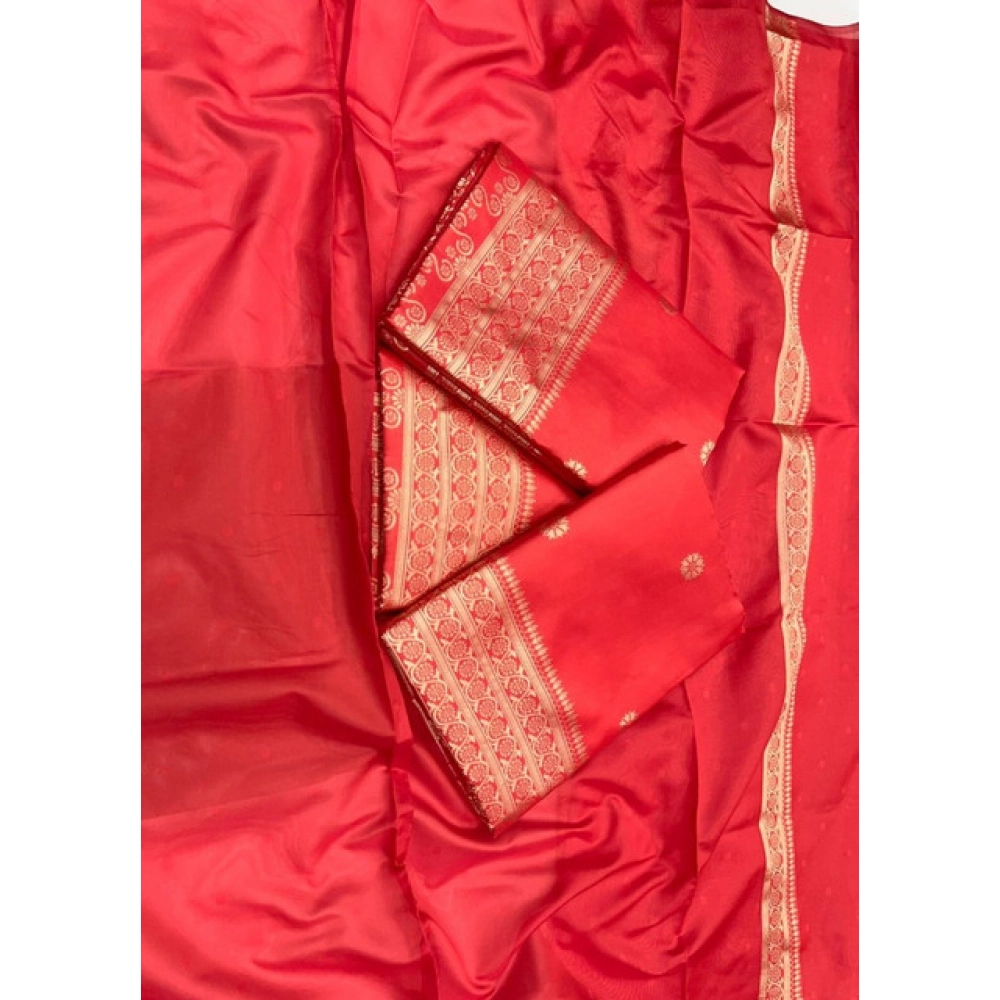 Generic Women's Litchi silk Printed Saree With Unstitched Blouse (Red) - Image 2