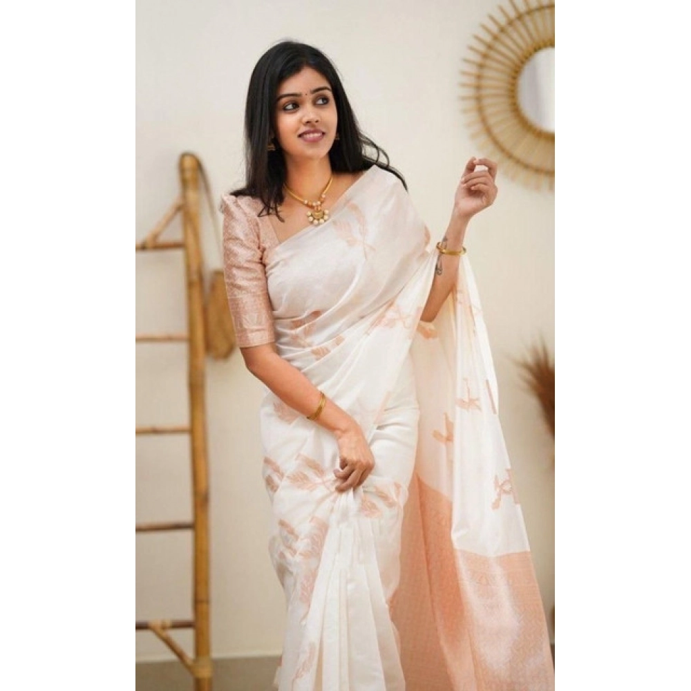Generic Women's Litchi silk Printed Saree With Unstitched Blouse (White) - Image 2