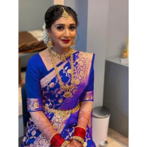 Generic Women's Litchi silk Printed Saree With Unstitched Blouse (Navy Blue)