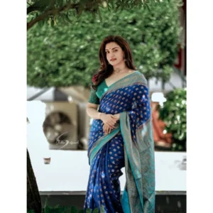 Generic Women's Litchi silk Printed Saree With Unstitched Blouse (Navy Blue)