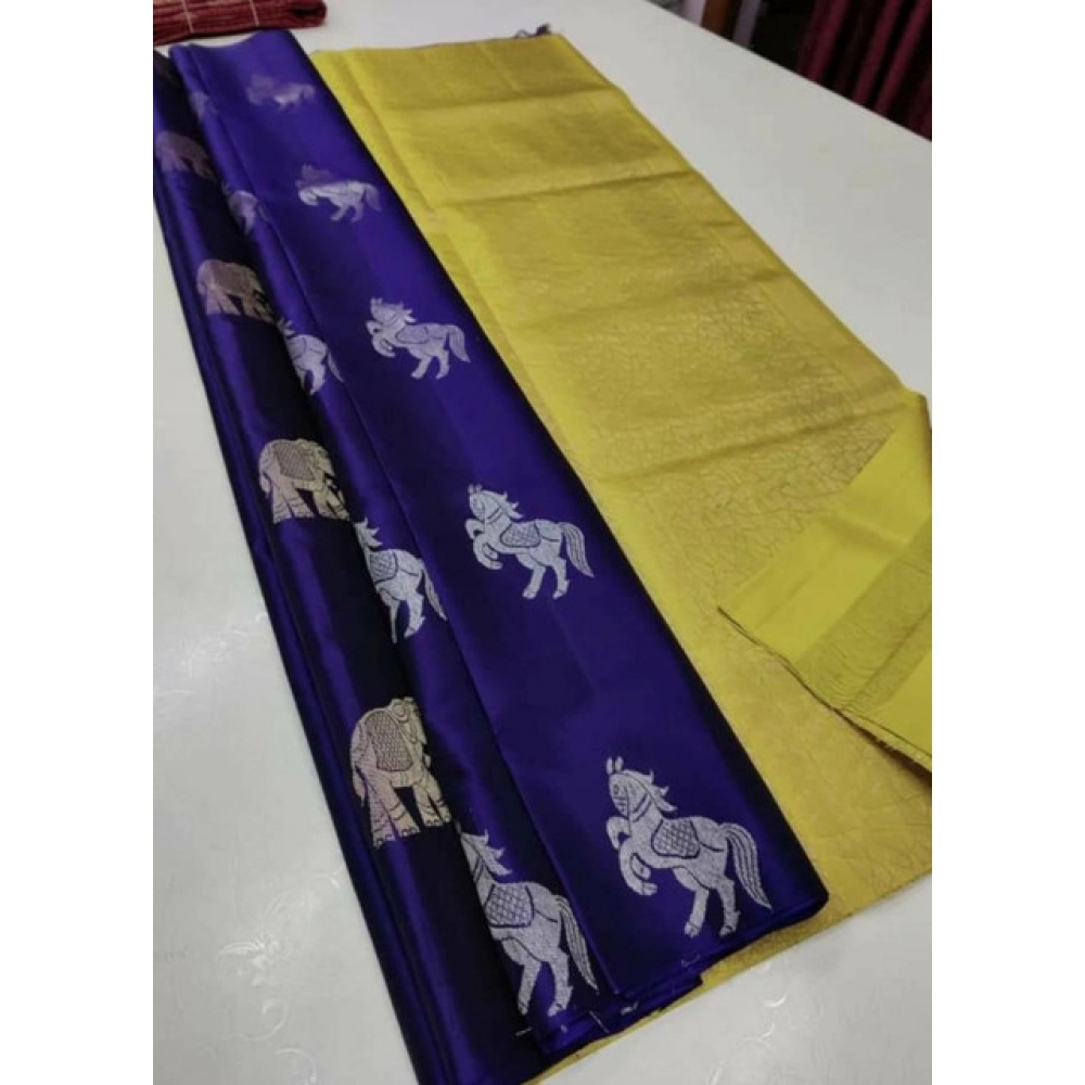 Generic Women's Litchi silk Printed Saree With Unstitched Blouse (Navy Blue With Yellow)
