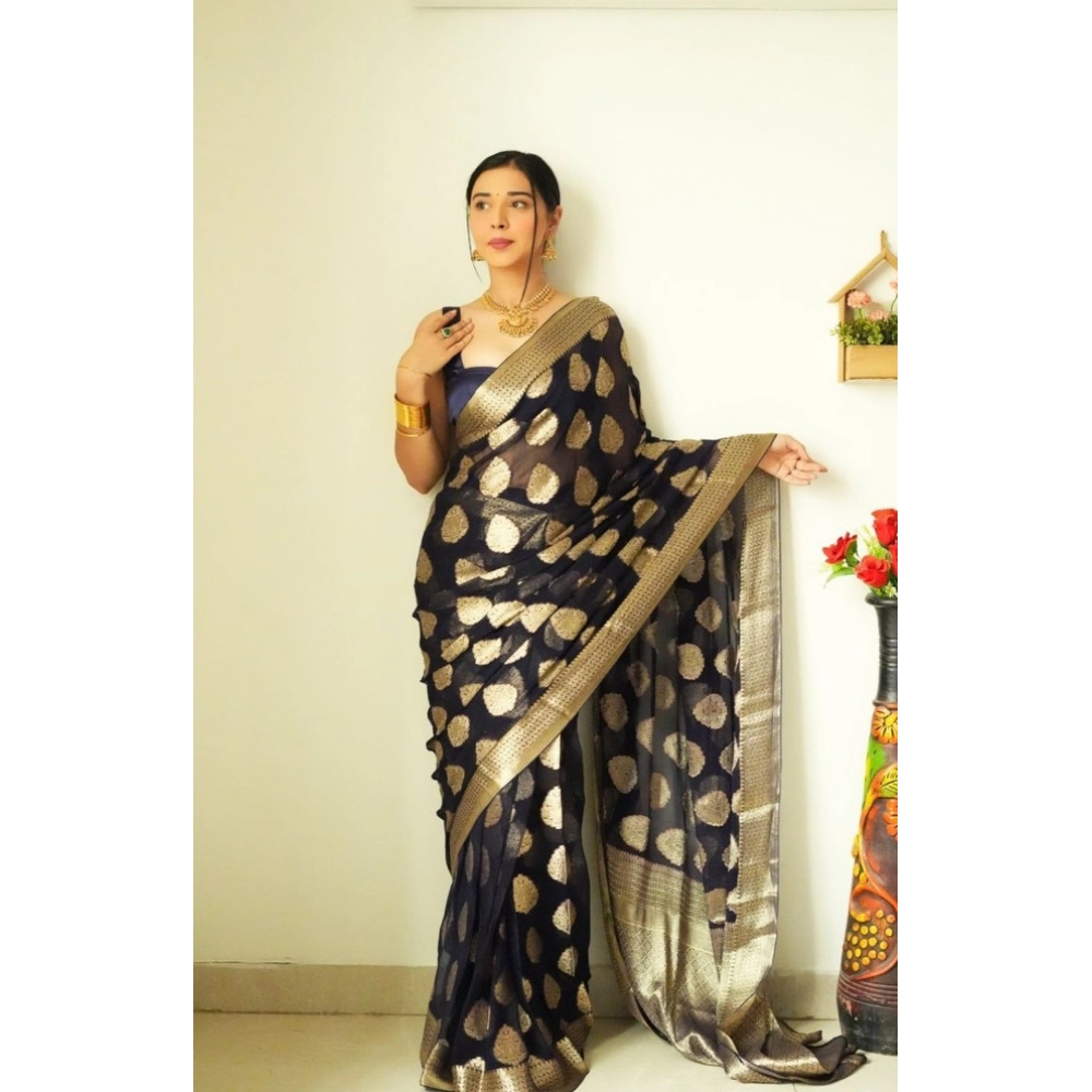 Generic Women's Litchi silk Printed Saree With Unstitched Blouse (Black) - Image 4