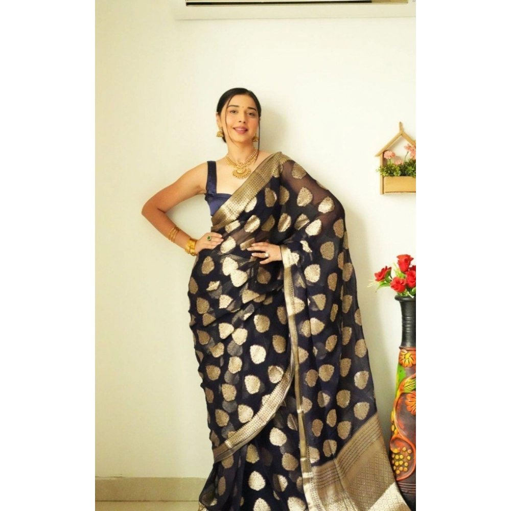 Generic Women's Litchi silk Printed Saree With Unstitched Blouse (Black) - Image 3