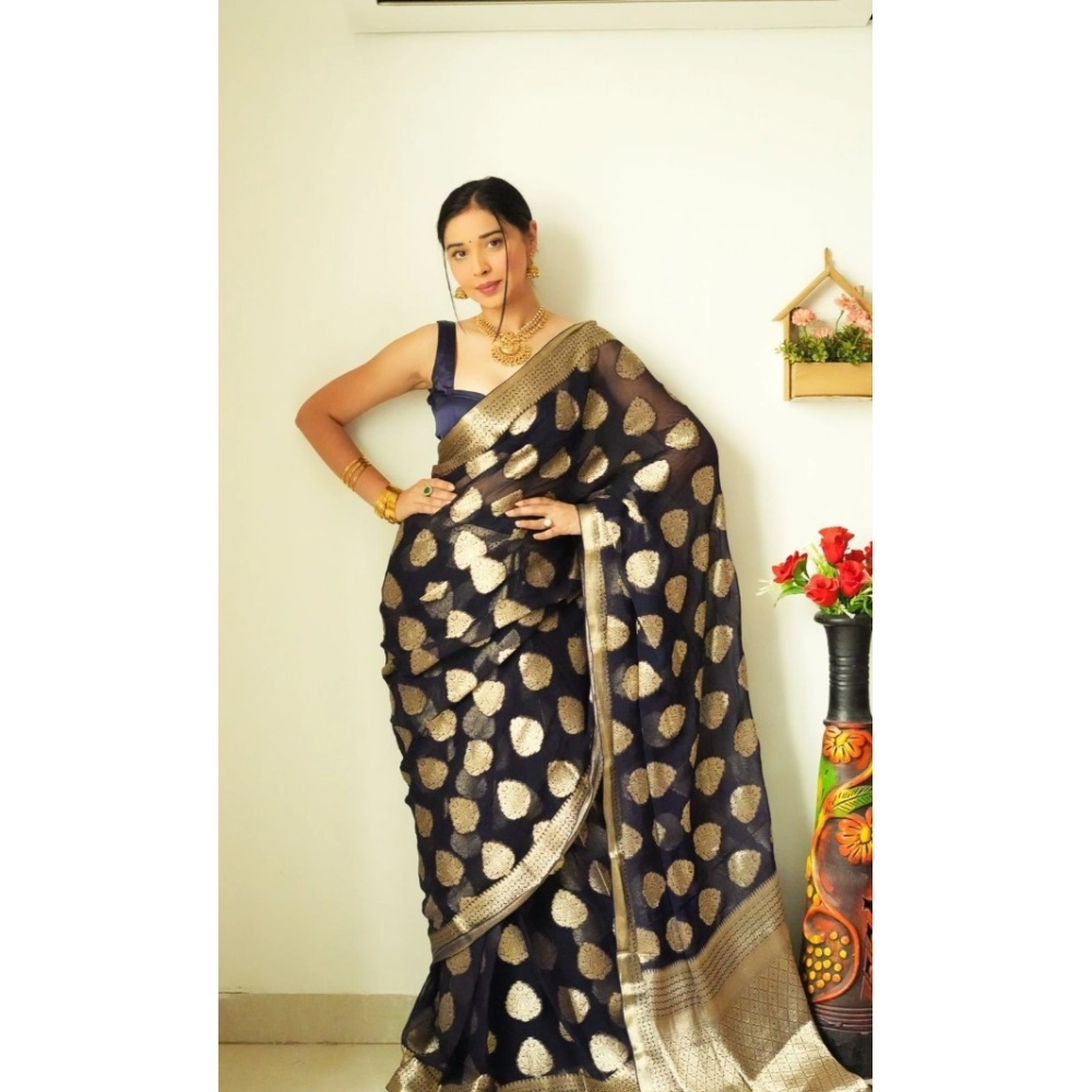 Generic Women's Litchi silk Printed Saree With Unstitched Blouse (Black) - Image 2