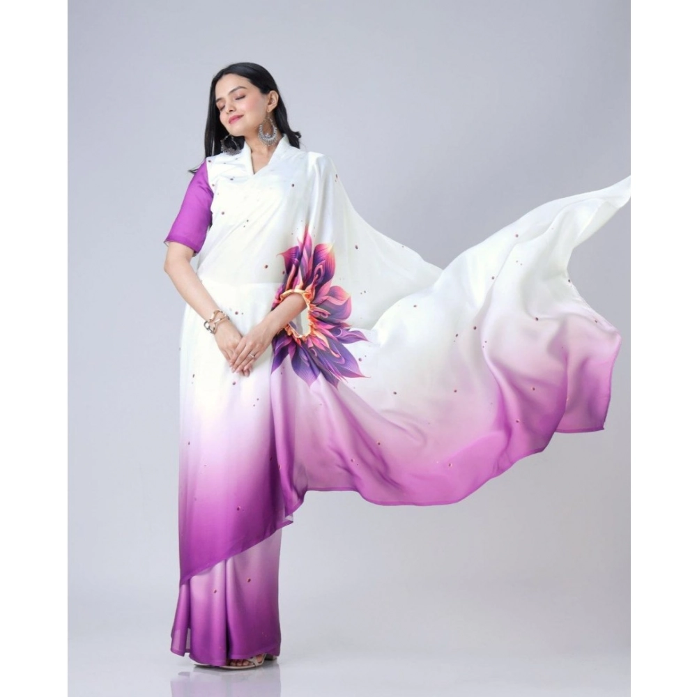 Generic Women's Soft Crepe Silk Printed Ready To Wear Saree With Unstitched Blouse 5.5Mtr (Purple) - Image 3